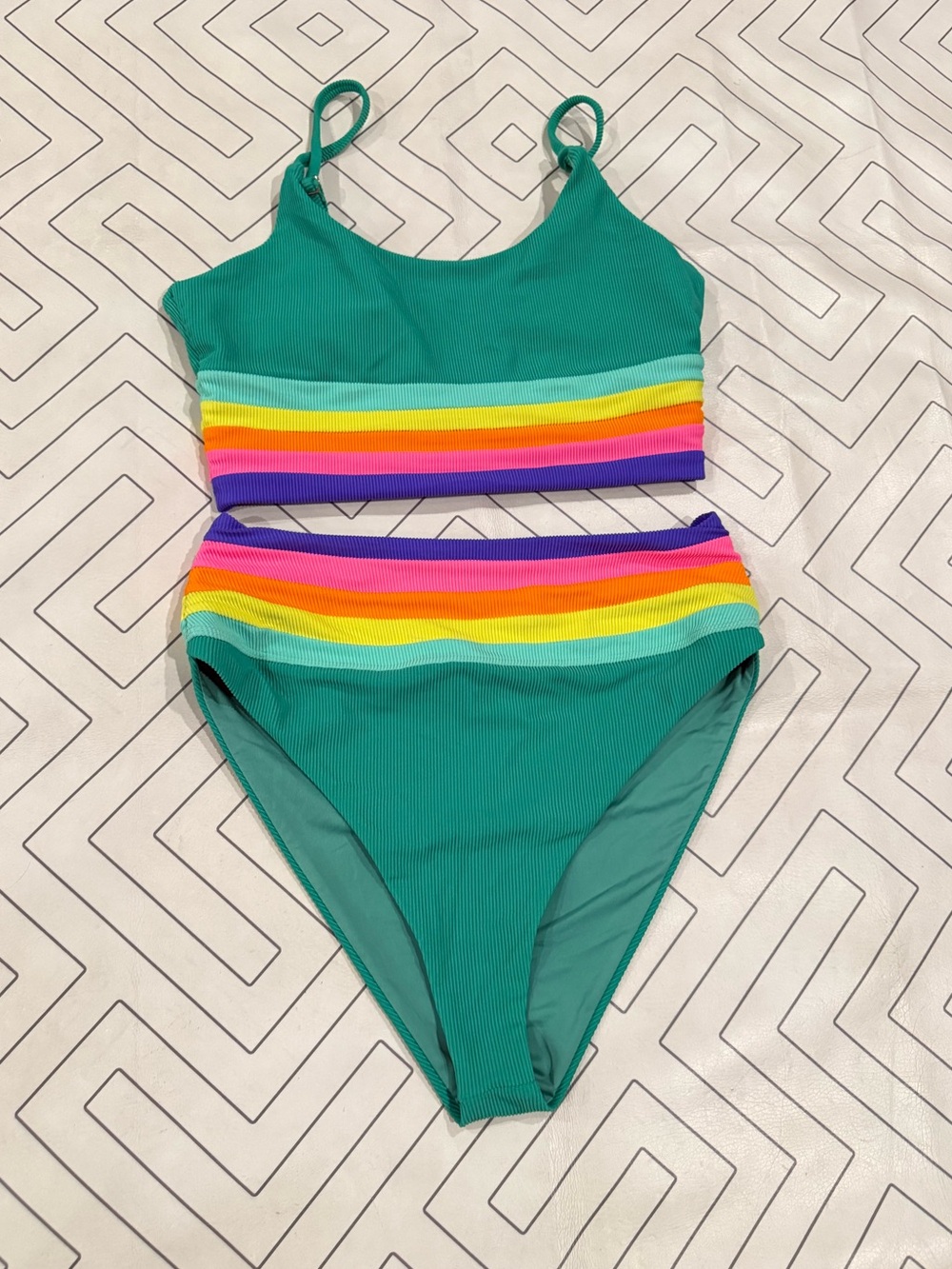 Beach Riot Green Bikini with Rainbow Stripe Bands